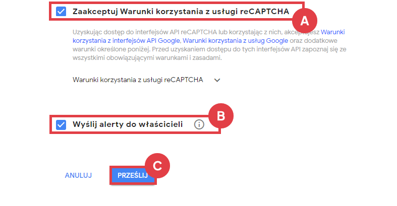 Zaznacz niezbędne zgody do uruchomienia usługi reCAPTCHA Google > reCAPTCHA > v3 Admin Console > Zarejestruj nową witrynę > Warunki korzystania z usługi reCAPTCHA