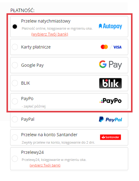 Koszyk zakupowy w sklepie z domyślną formą płatności Autopay