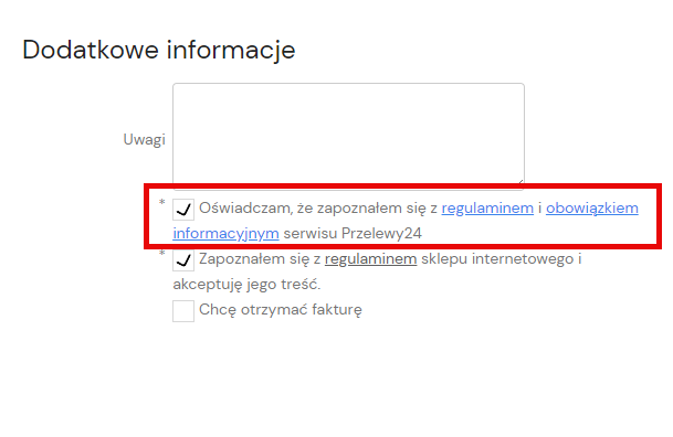 Koszyk zakupowy warunki korzystania z serwisu Przelewy24