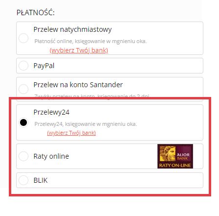 Koszyk zakupowy w sklepie z domyślną formą płatności Przelewy24