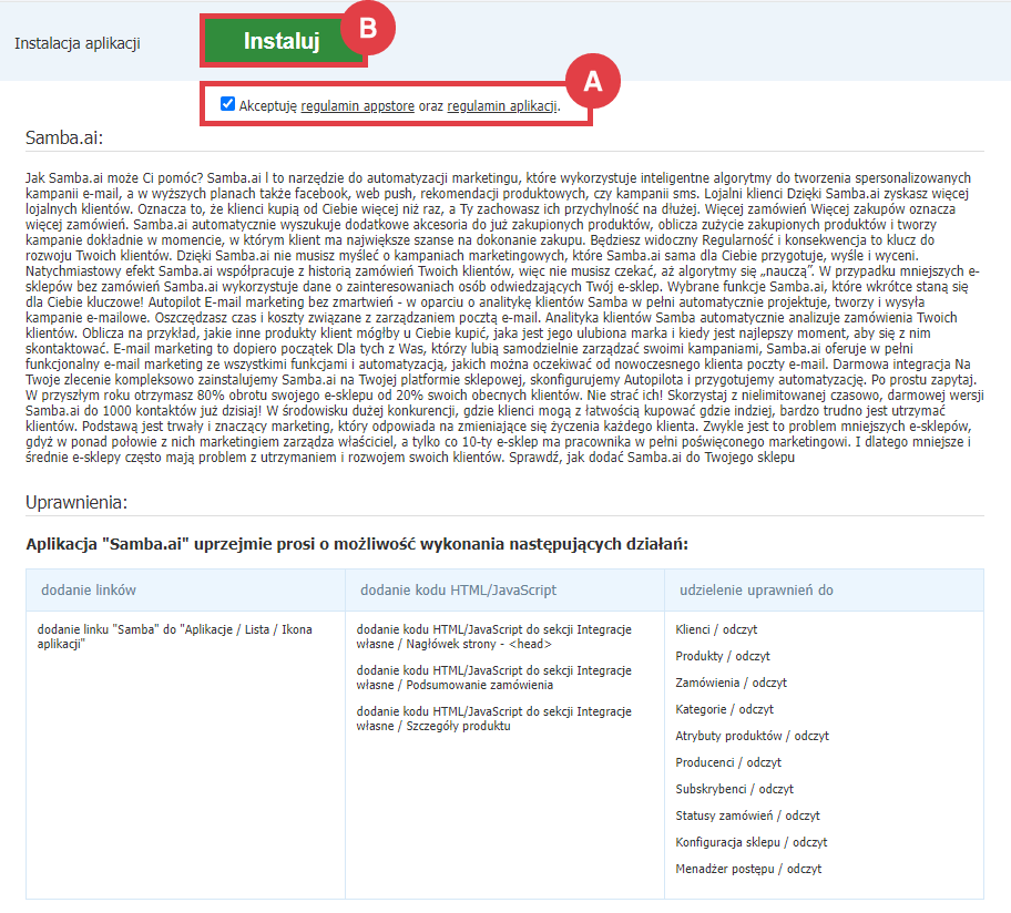 Panel administracyjny sklepu > Dodatki i integracje > Aplikacje > Samba.ai > Instalacja