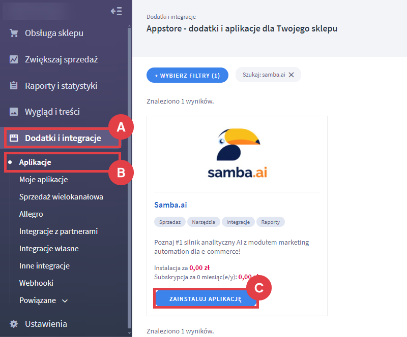 Panel administracyjny sklepu > Dodatki i integracje > Aplikacje > Samba.ai