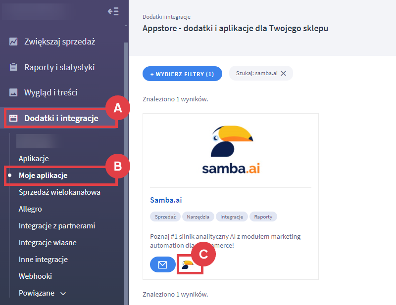 Panel administracyjny sklepu > Dodatki i integracje > Moje aplikacje > Samba.ai