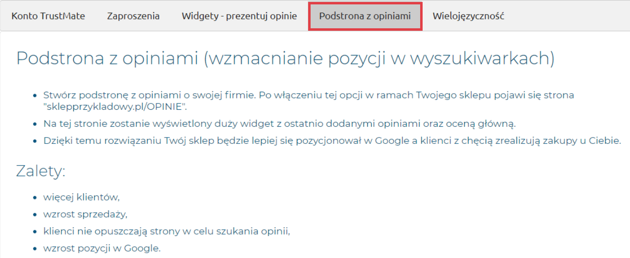 Aplikacja Trustmate opinie o sklepie i produktach > Konfiguracja > Podstrona z opiniami