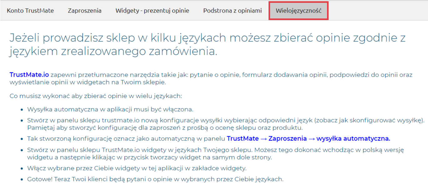 Aplikacja Trustmate opinie o sklepie i produktach > Konfiguracja > Wielojęzyczność