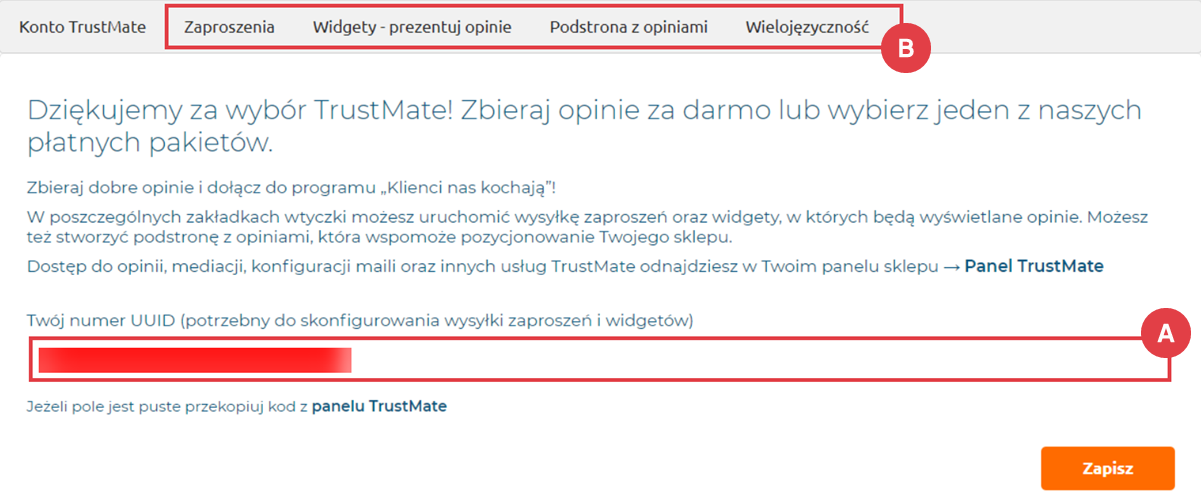 Aplikacja Trustmate opinie o sklepie i produktach > Konfiguracja > Numer UUID i zakładki
