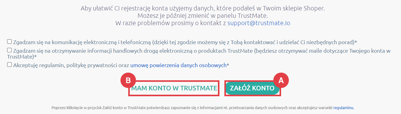 Aplikacja TrustMate opinie o sklepie i produktach > Konfiguracja > Rejestracja konta