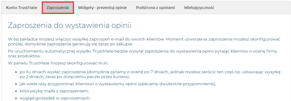 Aplikacja Trustmate opinie o sklepie i produktach > Konfiguracja > Zaproszenia