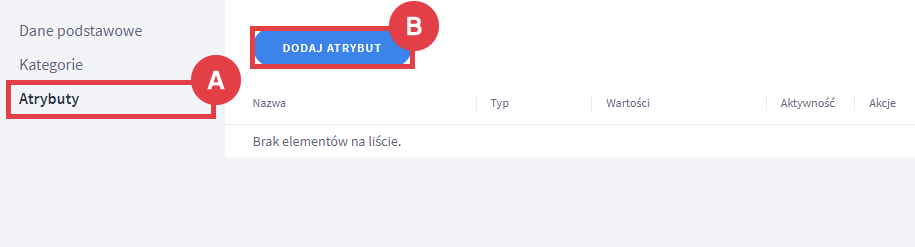 Dodaj atrybut do utworzonego zestawu w Panelu administracyjnym sklepu Panel administracyjny sklepu > Obsługa sklepu > Atrybuty > Nowy zestaw atrybutów > Atrybuty > Dodawanie cech