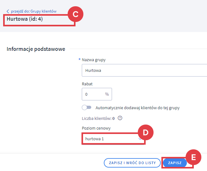 Edycja ustawień grupy klientów - ustalenie poziomu cenowego Panel administracyjny sklepu > Grupy klientów > Edycja grupy > Poziom cenowy