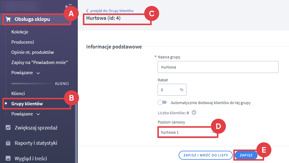 Panel administracyjny sklepu > Grupy klientów > Edycja grupy > Poziom cenowy