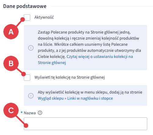 Sekcja: Dane podstawowe w ustawieniach danej kolekcji
