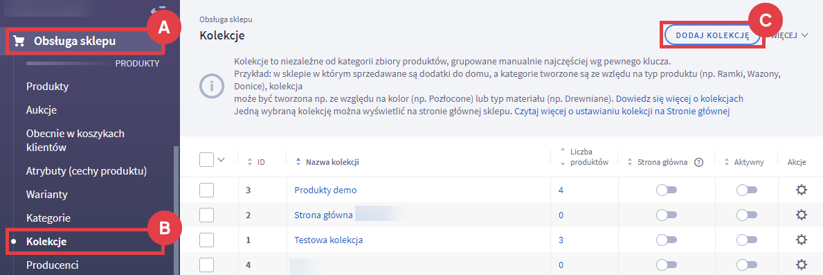 Dodaj nową kolekcję w sklepie internetowym Panel administracyjny sklepu > Obsługa sklepu > Kolekcje > Dodawanie kolekcji