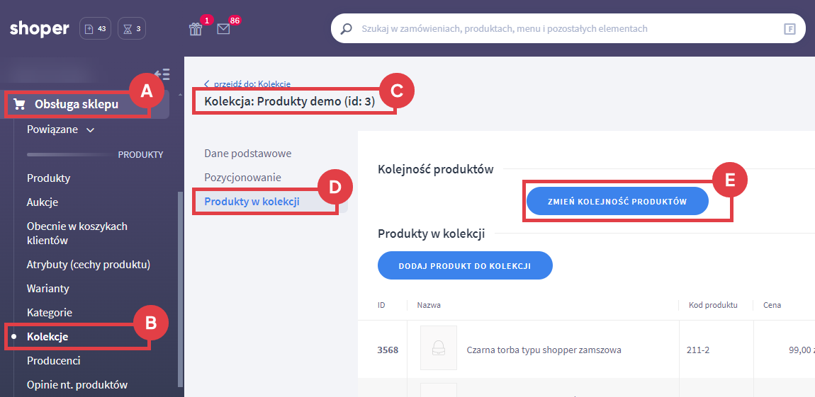 Przejdź do edycji danej kolekcji, a w zakładce: Produkty w kolekcji kliknij: ZMIEŃ KOLENOŚĆ PRODUKTÓW Panel administracyjny sklepu > Obsługa sklepu > Kolekcje > Edytuj: Nazwa kolekcji > Produkty w kolekcji