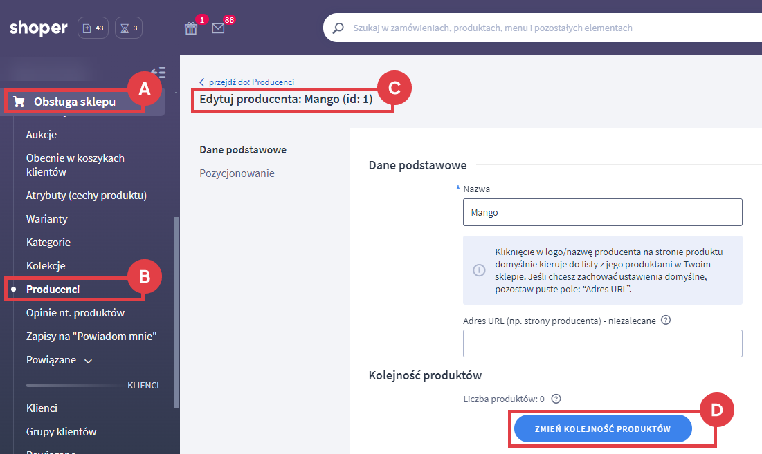 Możesz wpłynąć na kolejność produktów danego producenta Panel administracyjny sklepu > Obsługa sklepu > Producenci > Edytuj: Nazwa producenta > ZMIEŃ KOLEJNOŚĆ PRODUKTÓW