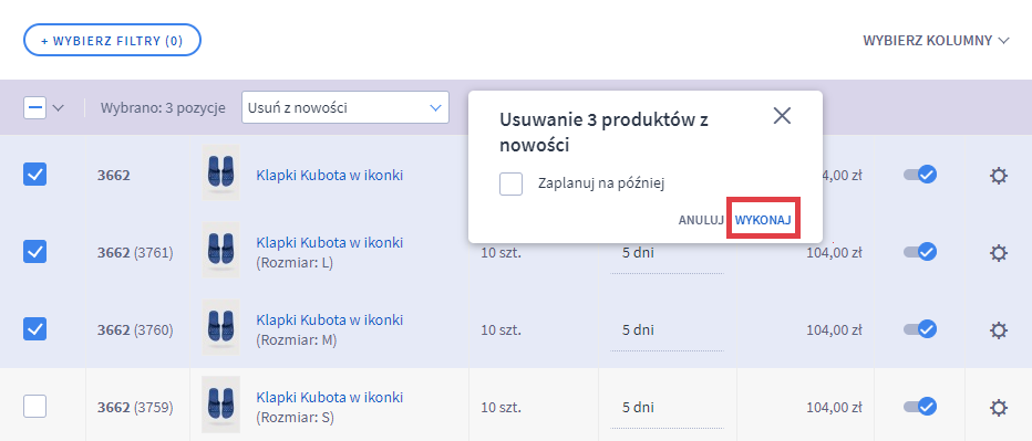 Panel administracyjny sklepu > Obsługa sklepu > Produkty > Akcje > Usuwanie produktów z nowości