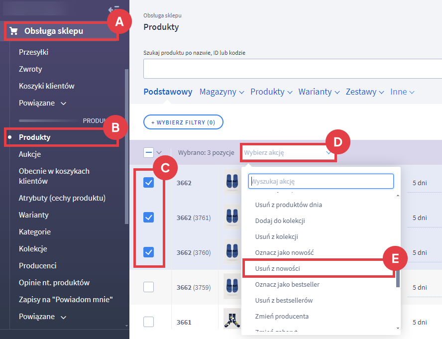 Panel administracyjny sklepu > Obsługa sklepu > Produkty > Akcje > Usuń z nowości