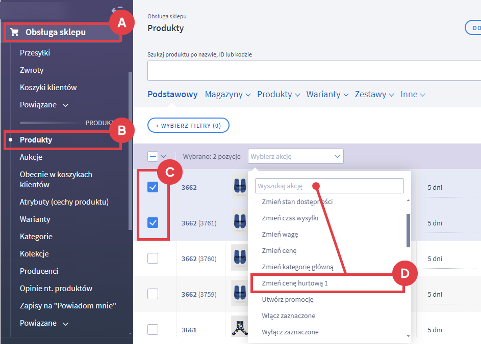 Wybór ceny hurtowej dla wielu produktów przy użyciu menu multiakcji Panel administracyjny sklepu > Obsługa sklepu > Produkty > Zmiana ceny hurtowej dla wielu produktów