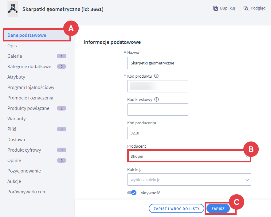 Panel administracyjny sklepu > Obsługa sklepu > Produkty > Edycja > Dane podstawowe > Producent