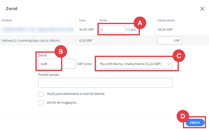 Edycja zamówienia > Zarządzanie transakcjami > Szczegóły zwrotu