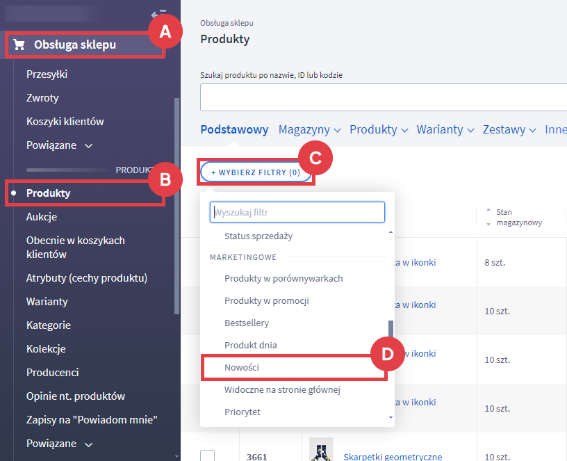 Panel administracyjny sklepu > Obsługa sklepu > Produkty > Wybierz filtry > Nowości