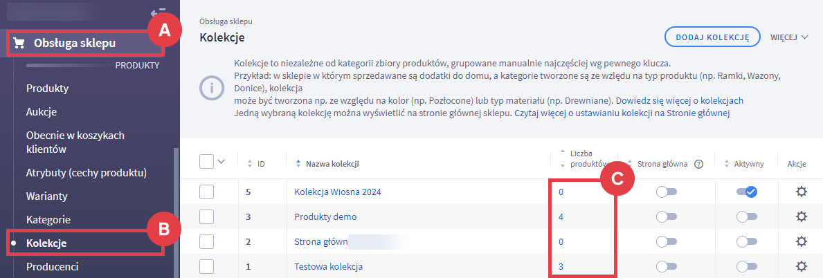 Panel administracyjny sklepu > Obsługa sklepu > Kolekcje > Liczba produktów
