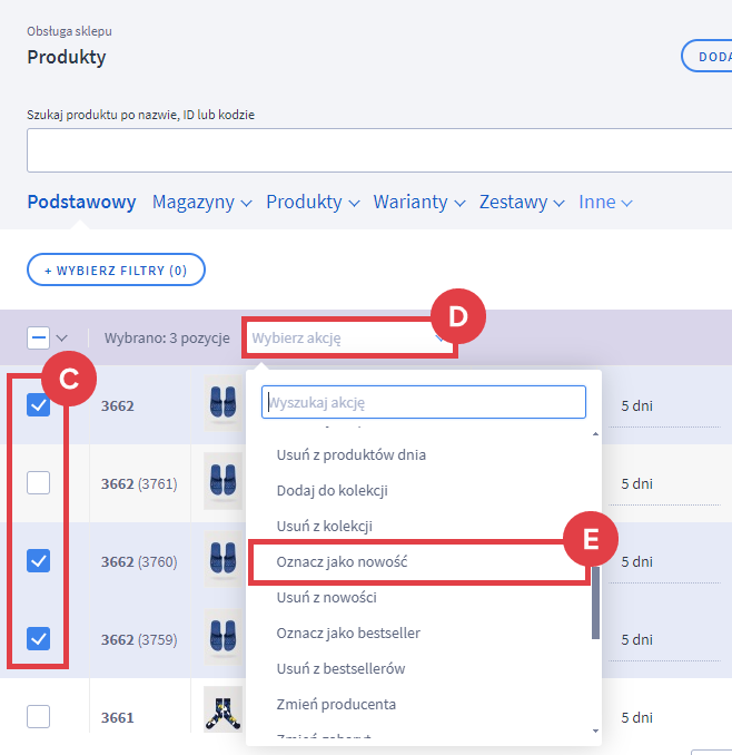 Wybierz pozycje na liście produktów, a następnie wykonaj akcję oznaczania jako nowość Panel administracyjny sklepu > Obsługa sklepu > Produkty > Multiakcje > Oznacz jako nowość