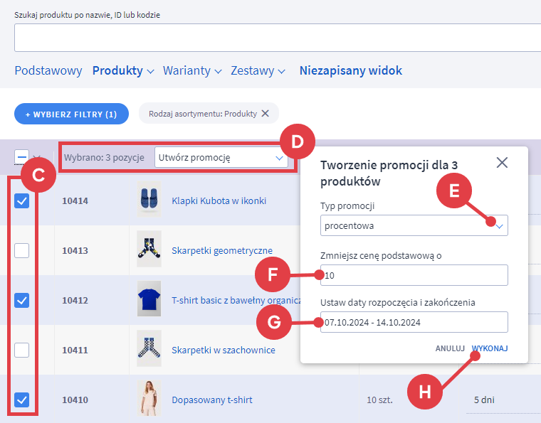 Utwórz promocję dla zaznaczonych produktów na liście Panel administracyjny sklepu > Obsługa sklepu > Produkty > Tworzenie promocji