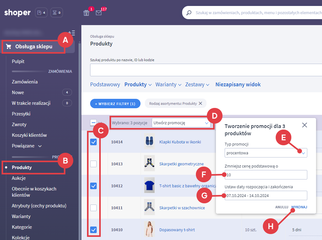 Utwórz promocję dla zaznaczonych produktów na liście Panel administracyjny sklepu > Obsługa sklepu > Produkty > Tworzenie promocji