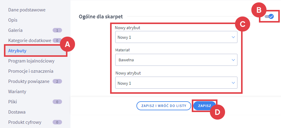 Aktywuj zestaw atrybutów w edycji danego produktu Panel administracyjny sklepu > Obsługa sklepu > Produkty > Edycja produktu > Atrybuty