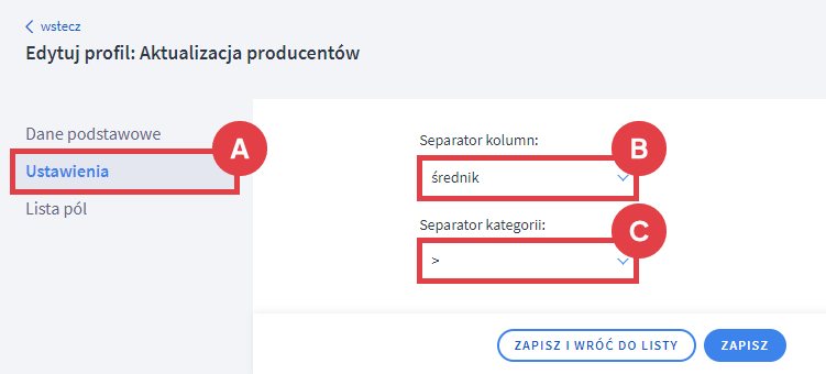 Panel administracyjny sklepu > Obsługa sklepu > Produkty > Więcej > Eksportuj > Edycja profilu CSV > Ustawienia