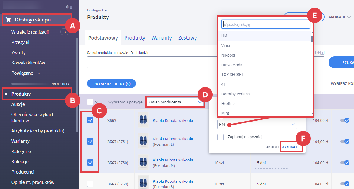 Panel administracyjny sklepu > Obsługa sklepu > Produkty > Akcje > Zmiana producenta dla wybranych pozycji