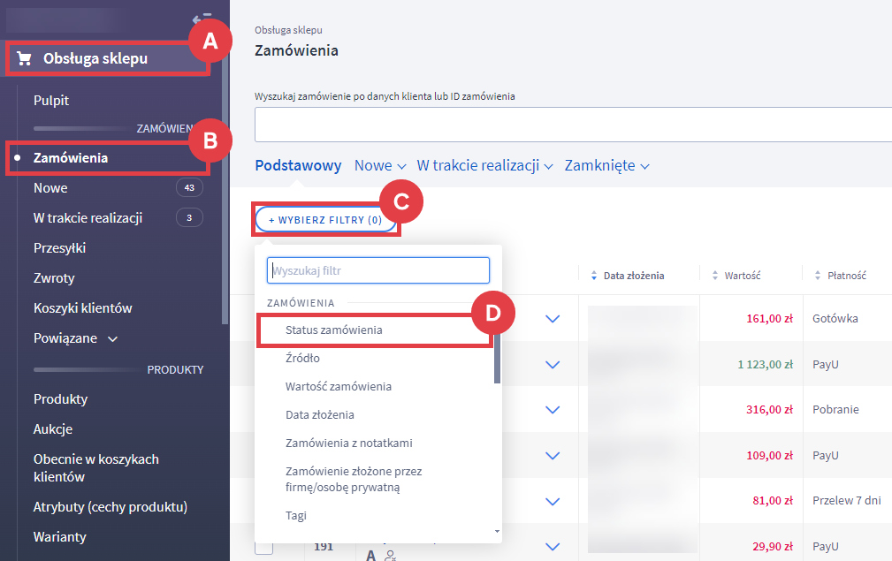 Panel administracyjny sklepu > Obsługa sklepu > Zamówienia > Filtry > Status zamówienia