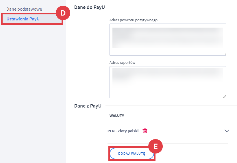 Dla kolejnych walut obsługiwanych w sklepie, dokonaj odrębnej konfiguracji Panel administracyjny sklepu > Ustawienia > Obsługa zamówień > Formy płatności > PayU > Ustawienia PayU > Waluty