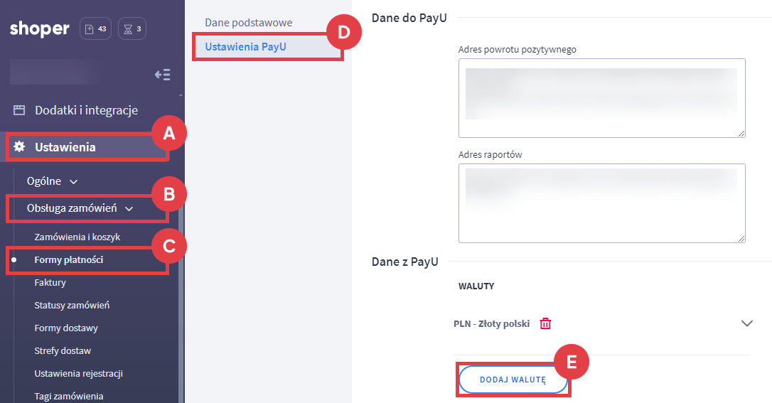 Dla kolejnych walut obsługiwanych w sklepie, dokonaj odrębnej konfiguracji Panel administracyjny sklepu > Ustawienia > Obsługa zamówień > Formy płatności > PayU > Ustawienia PayU > Waluty