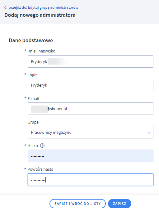 Panel administracyjny sklepu > Ustawienia > Ogólne > Administratorzy > Dodaj administratora > Formularz dodawania administratora