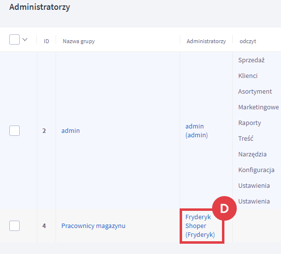 Przejdź do edycji danego administratora, klikając w jego login Panel administracyjny sklepu > Ustawienia > Ogólne > Administratorzy sklepu