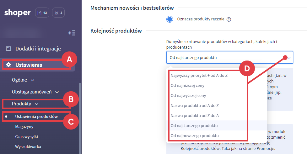 Możesz wybrać domyślny sposób sortowania produktów, w kategoriach, kolekcjach i producentach Panel administracyjny sklepu > Ustawienia > Produkty > Ustawienia produktów > sekcja: Kolejność produktów
