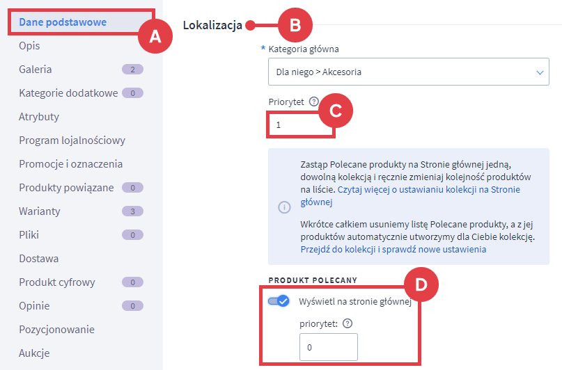 Panel administracyjny sklepu > Obsługa sklepu > Produkty > Edycja > Dane podstawowe > Lokalizacja > Priorytet