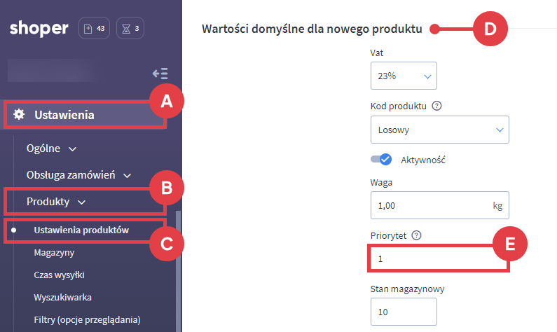 Panel administracyjny sklepu > Ustawienia > Produkty > Ustawienia produktów > Wartości domyślne dla nowego produktu > Priorytet