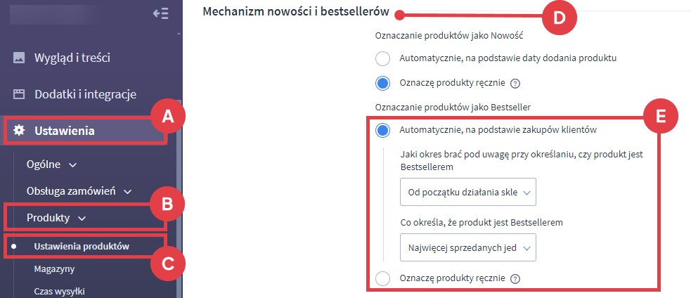 Wybierz sposób oznaczania produktów jako Bestseller Panel administracyjny sklepu > Ustawienia > Produkty > Ustawienia produktów > Mechanizm nowości i bestsellerów > Oznaczanie produktów jako Bestseller