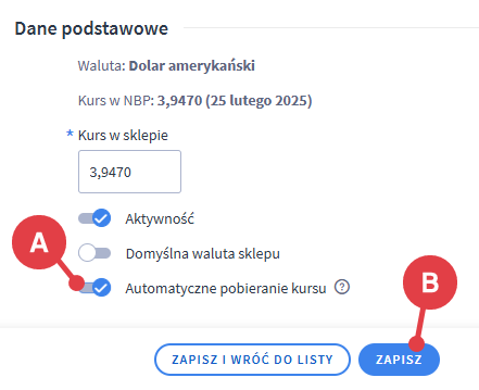 Włączanie automatycznego pobierania kursu waluty i aktualizacji cen produktów