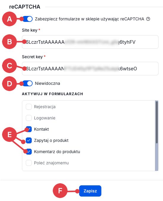 Włącz usługę reCAPTCHA w swoim sklepie internetowym na platformie Shoper Panel administracyjny sklepu > Ustawienia > Zaawansowane > Bezpieczeństwo > reCAPTCHA