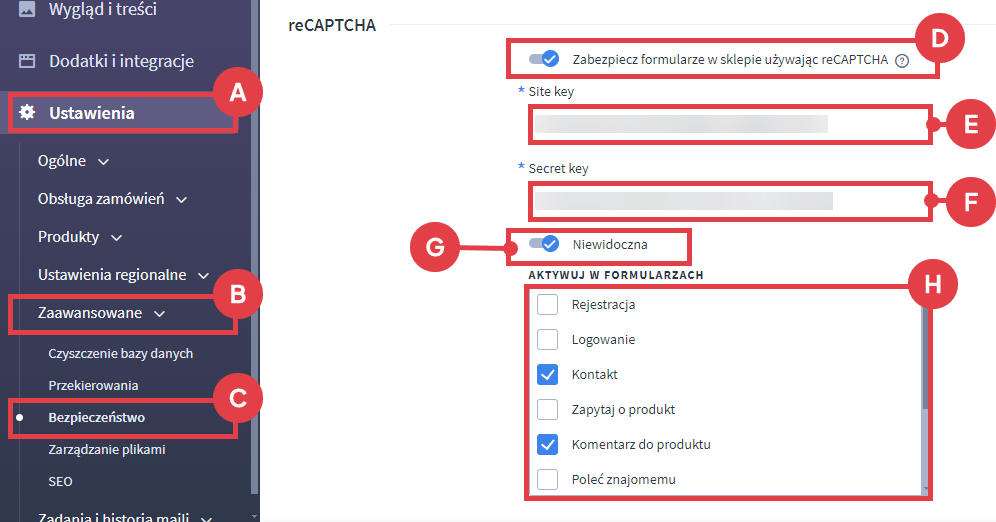 Włącz usługę reCAPTCHA w swoim sklepie internetowym na platformie Shoper Panel administracyjny sklepu > Ustawienia > Zaawansowane > Bezpieczeństwo > reCAPTCHA