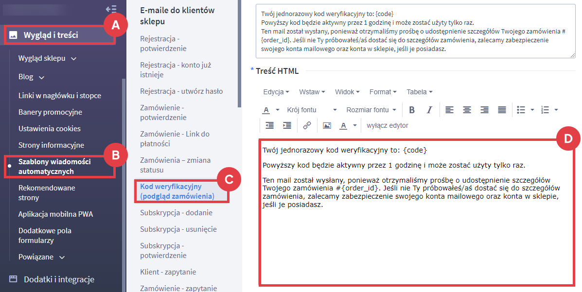 Panel administracyjny sklepu > Wygląd i treści > Szablony wiadomości automatycznych > Kod weryfikacyjny
