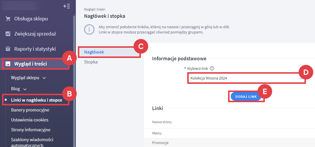 Panel administracyjny sklepu > Wygląd i treści > Linki w nagłówku i stopce > Nagłówek > Dodawanie kolekcji