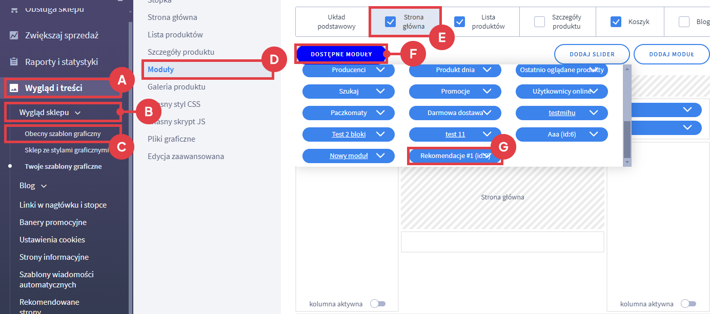 Panel administracyjny sklepu > Wygląd i treści > Wygląd sklepu > Obecny szablon graficzny > Moduły > Dostępne moduły > Rekomendacje produktowe
