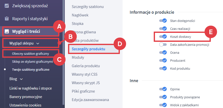Panel administracyjny sklepu > Wygląd i treści > Wygląd sklepu > Obecny szablon graficzny > Szczegóły produktu > Informacje o produkcie > Koszt dostawy
