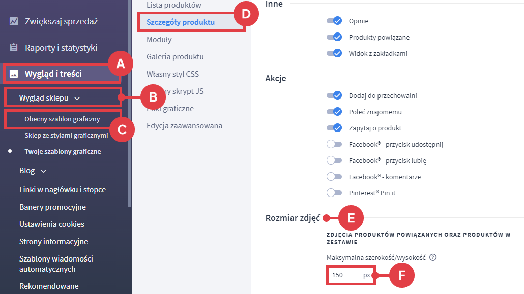 Zmień rozmiar zdjęć produktów powiązanych i w zestawie Panel administracyjny sklepu > Wygląd i treści > Wygląd sklepu > Obecny szablon graficzny > Szczegóły produktu > Rozmiar zdjęć