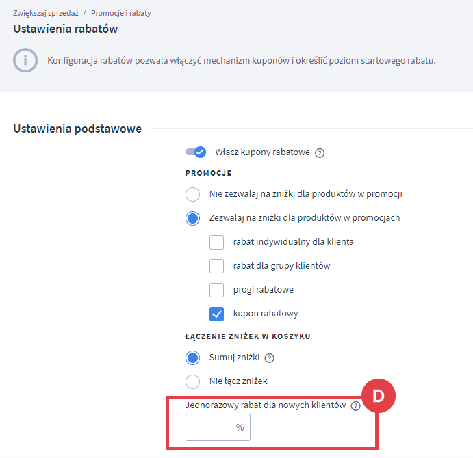 Określ, jaki rabat otrzymają nowi klienci po rejestracji w sklepie Panel administracyjny sklepu > Zwiększaj sprzedaż > Promocje i rabaty > Ustawienia rabatów